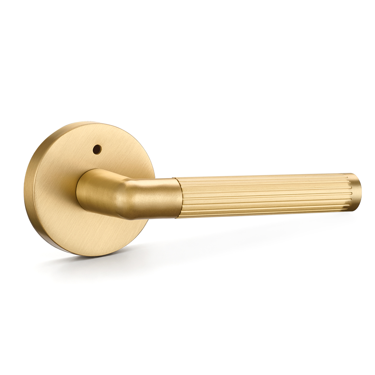 Flirabbit solid brass fluted privacy door lever in brushed brass finish on white background