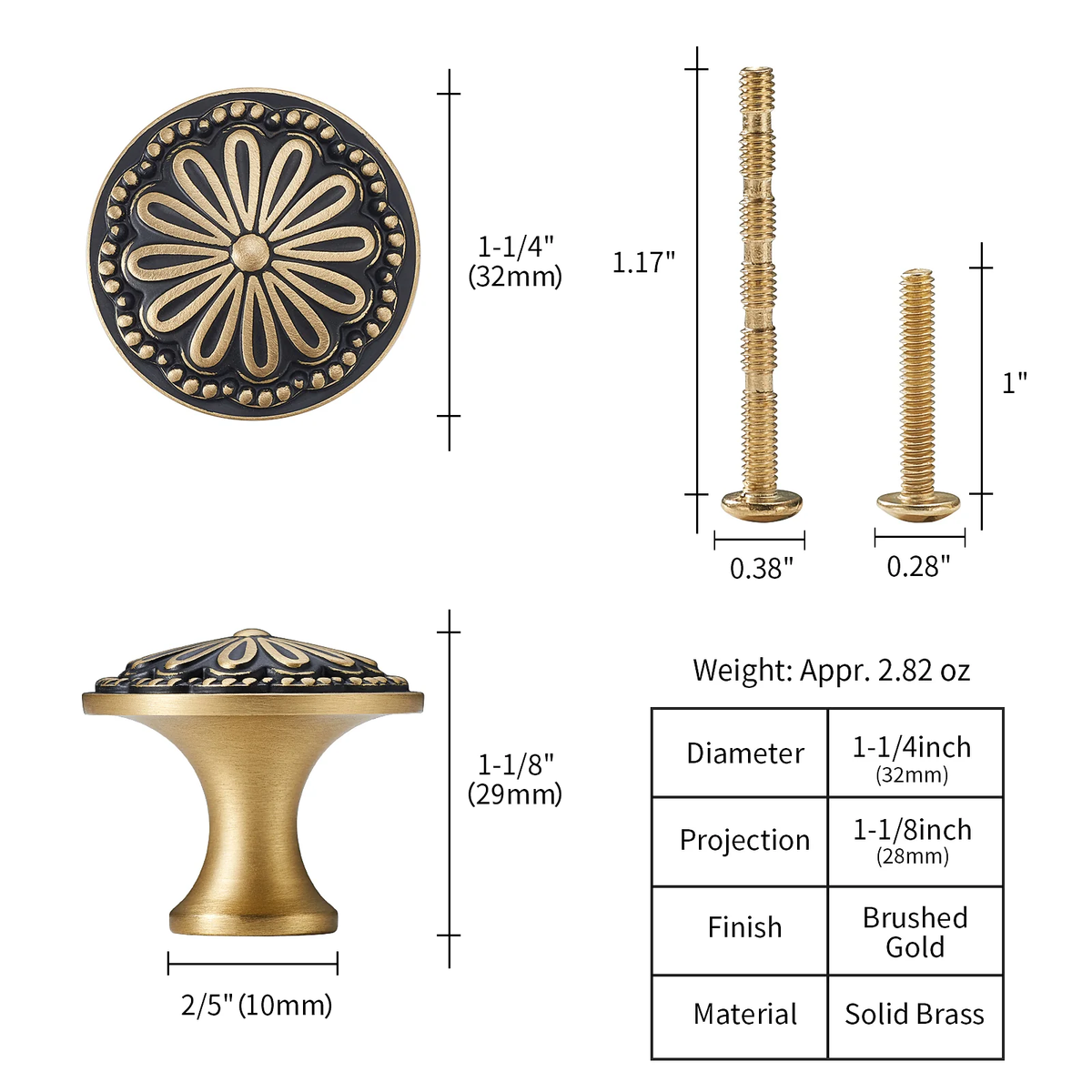 Dimension diagram and specifications for floral brass cabinet knob showing 1-1/4 inch diameter and 1-1/8 inch projection