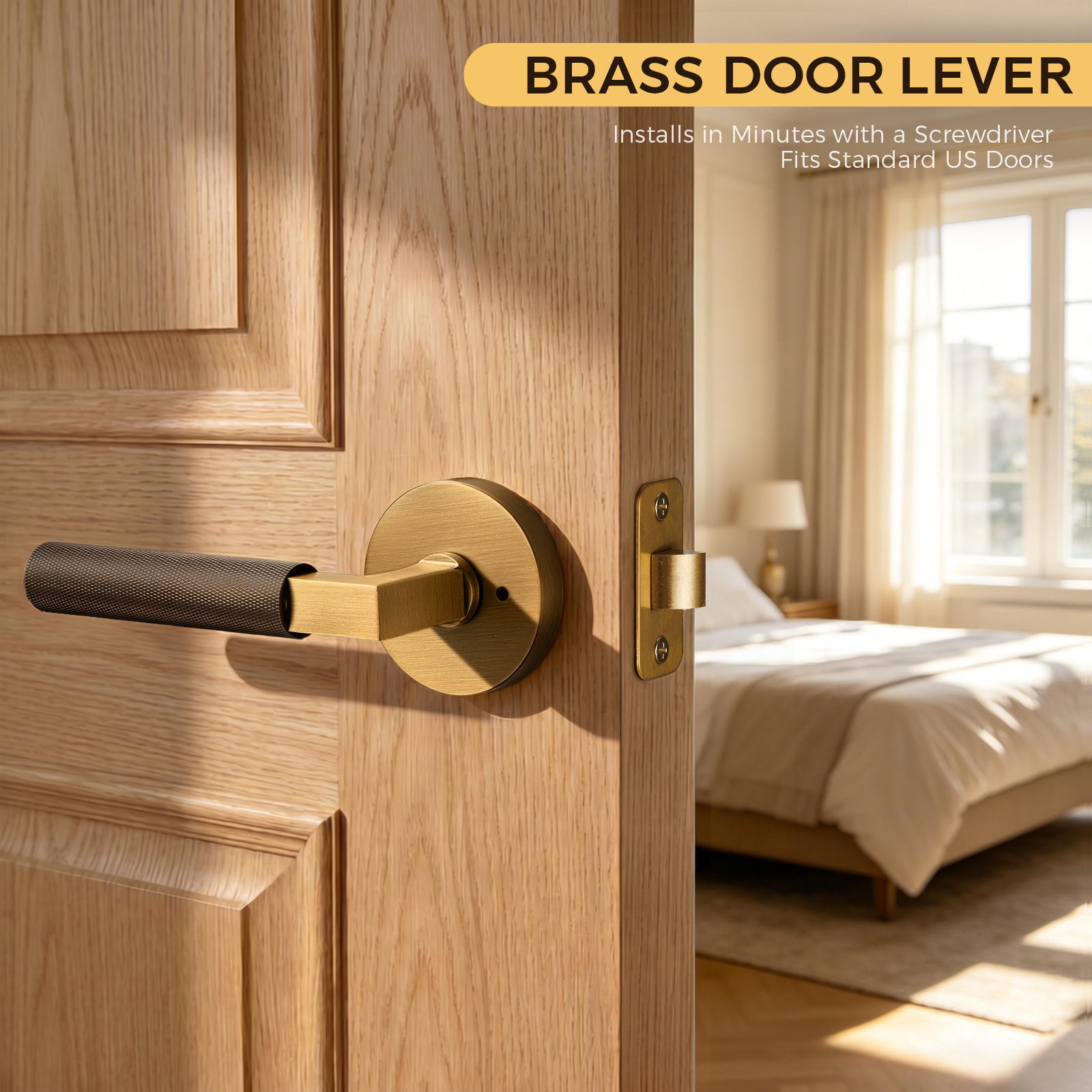 The Art of Precision Knurling | Antique Brushed Brass Diamond-Cut Linear Privacy Door Lever for Bedrooms & Bathrooms