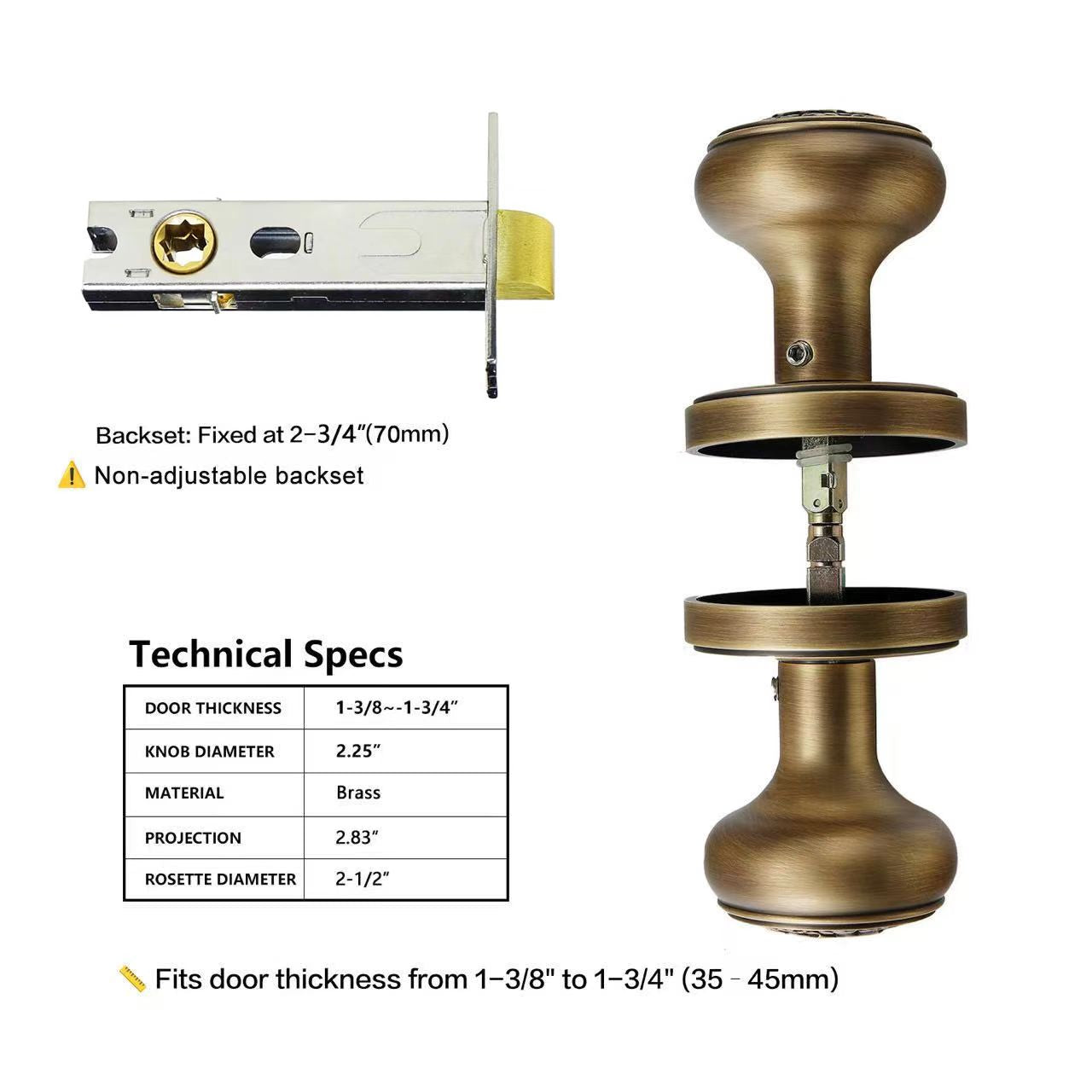 Technical specification diagram for antique brass floral door knob with dimensions and backset measurements