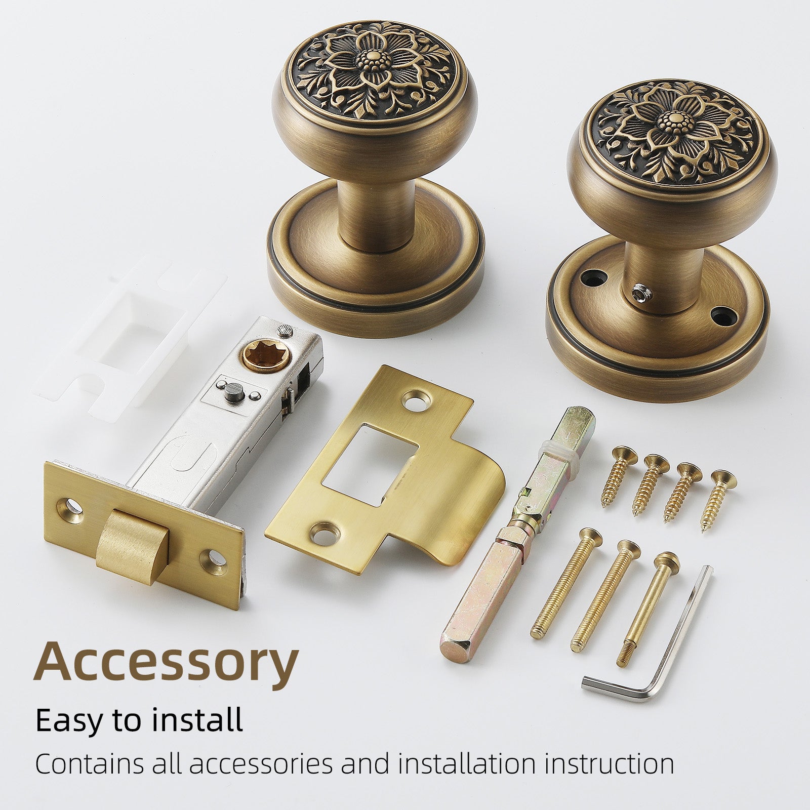 Complete hardware package contents for antique brass floral privacy door knob with locking latch