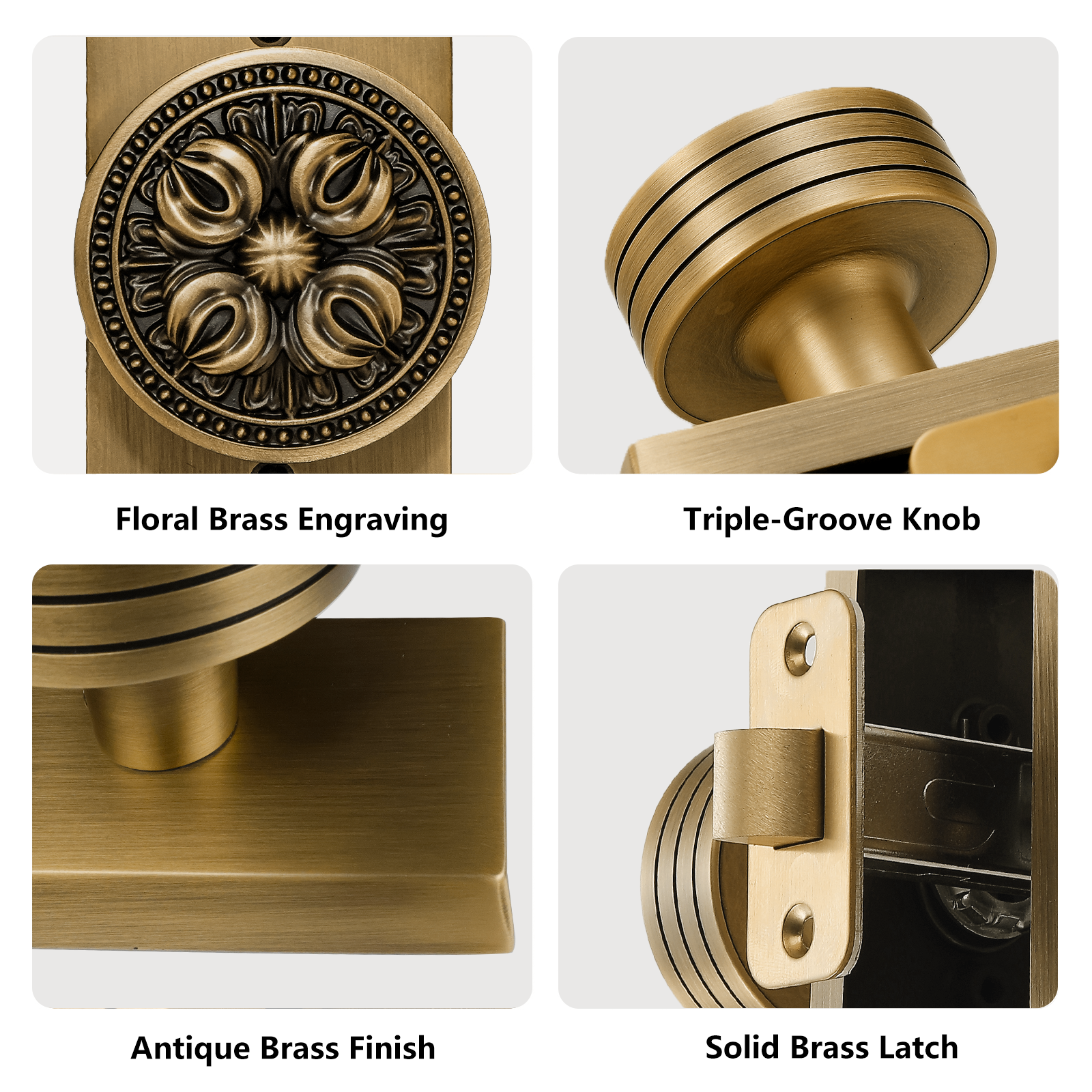 Product feature highlights of antique brass floral privacy door knob including engraving finish and solid latch