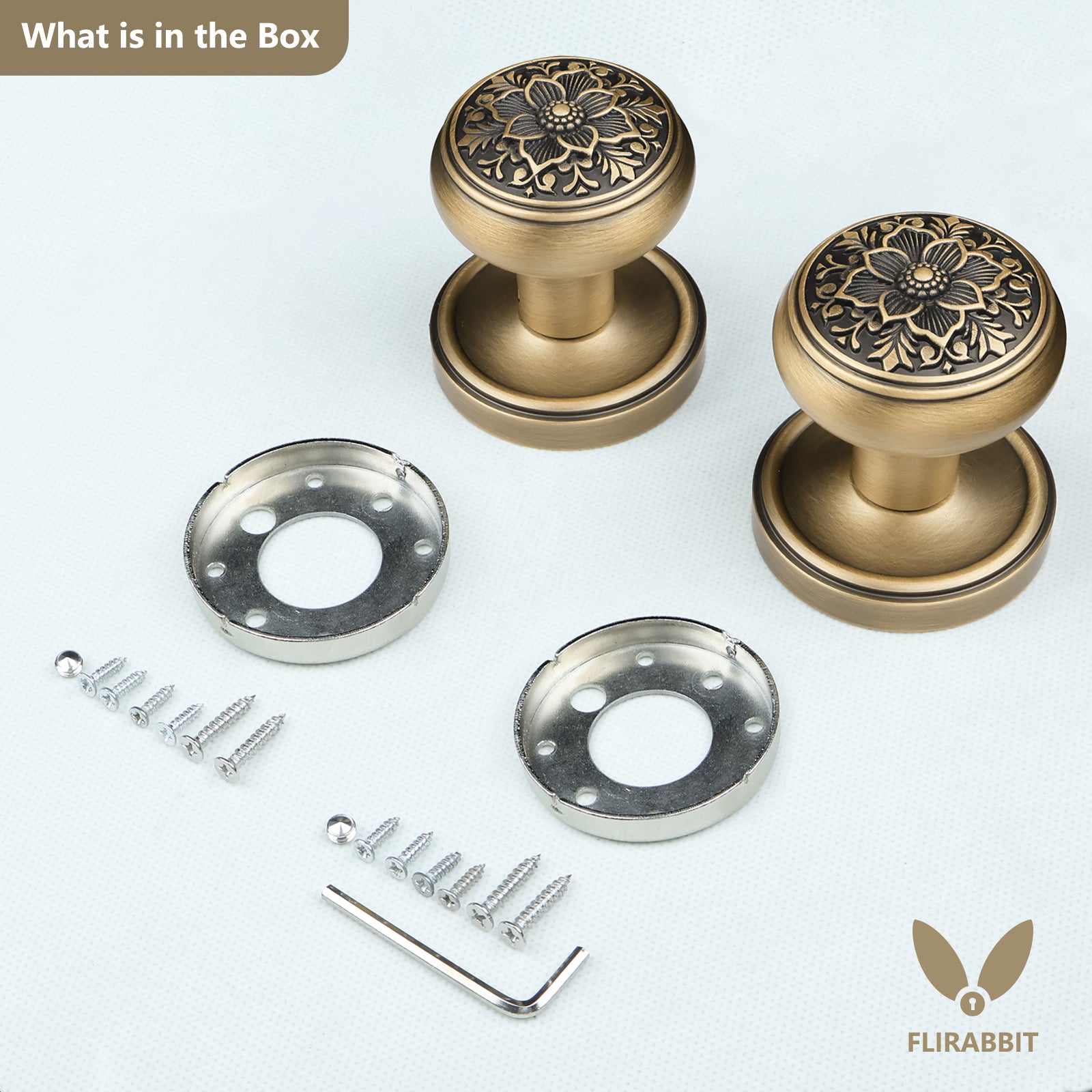 Package contents of 2-pack antique brass floral dummy door knob set with mounting hardware