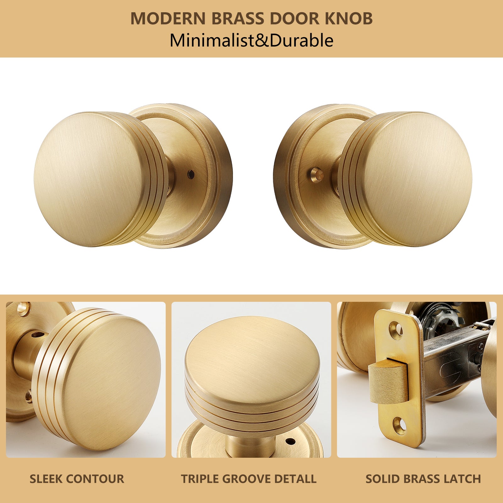 Minimalist Brass Privacy Door Knob – Decorative Groove Design, Brushed Brass Finish, Solid Brass Latch – 60mm Fixed Backset for Bedroom & Bathroom (Brushed Brass, Privacy-2.375 in)