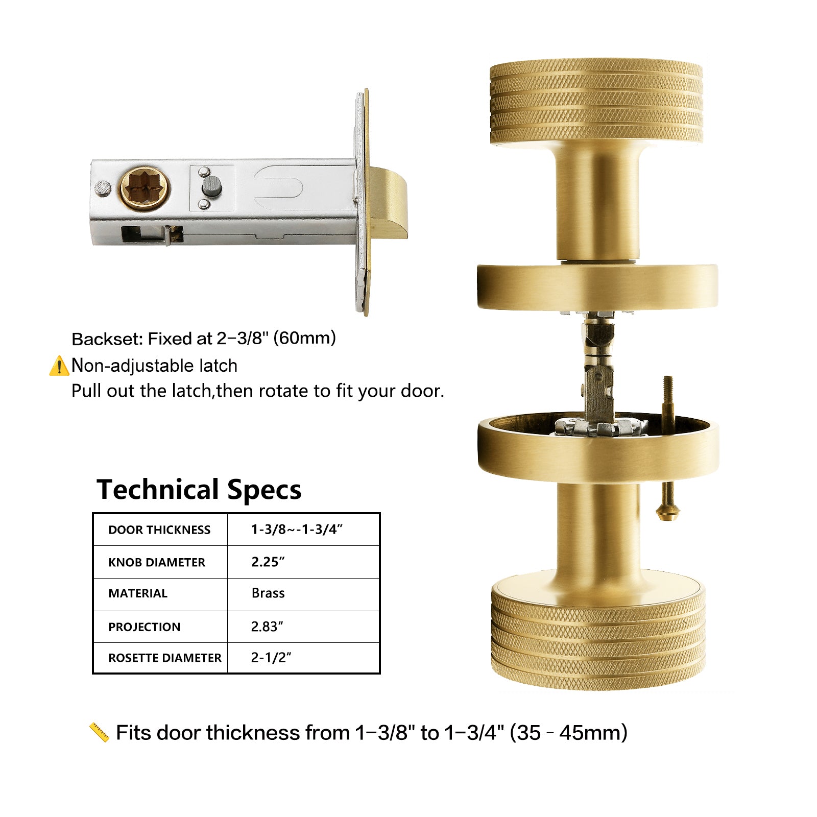 Knurled Brass Privacy Door Knob – Industrial Style Grip Handle, Solid Brass Build, Brushed Finish – 60mm Latch for Bedroom & Bathroom (Brushed Brass, Privacy-2.375 in)