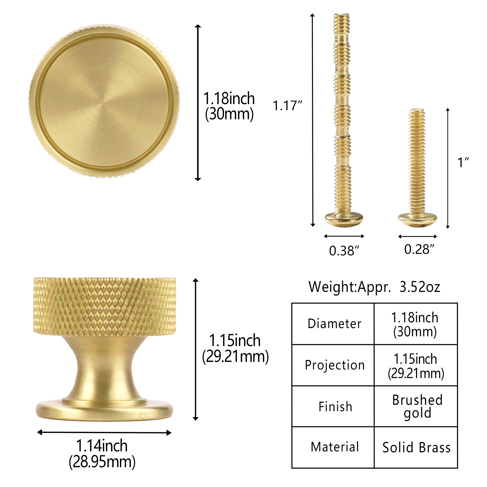 Knurled Grip Solid Brass Cabinet Knobs, Brushed Finish Round Cabinet Handle Pull for Drawer Kitchen Bathroom Dresser