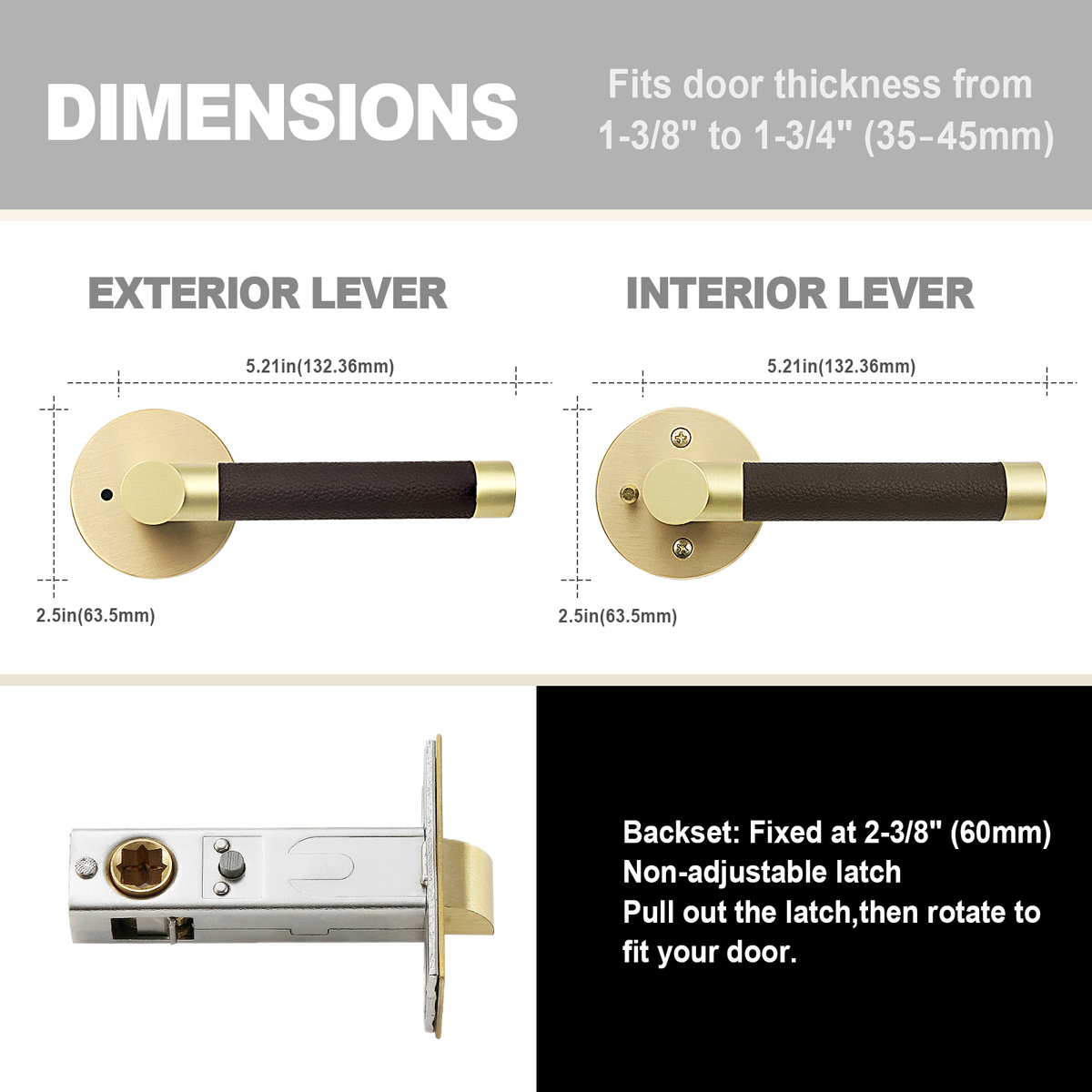 Dimension specs chart showing 5.21-inch lever length, 2.5-inch round rosette, and 2-3/8 inch fixed backset