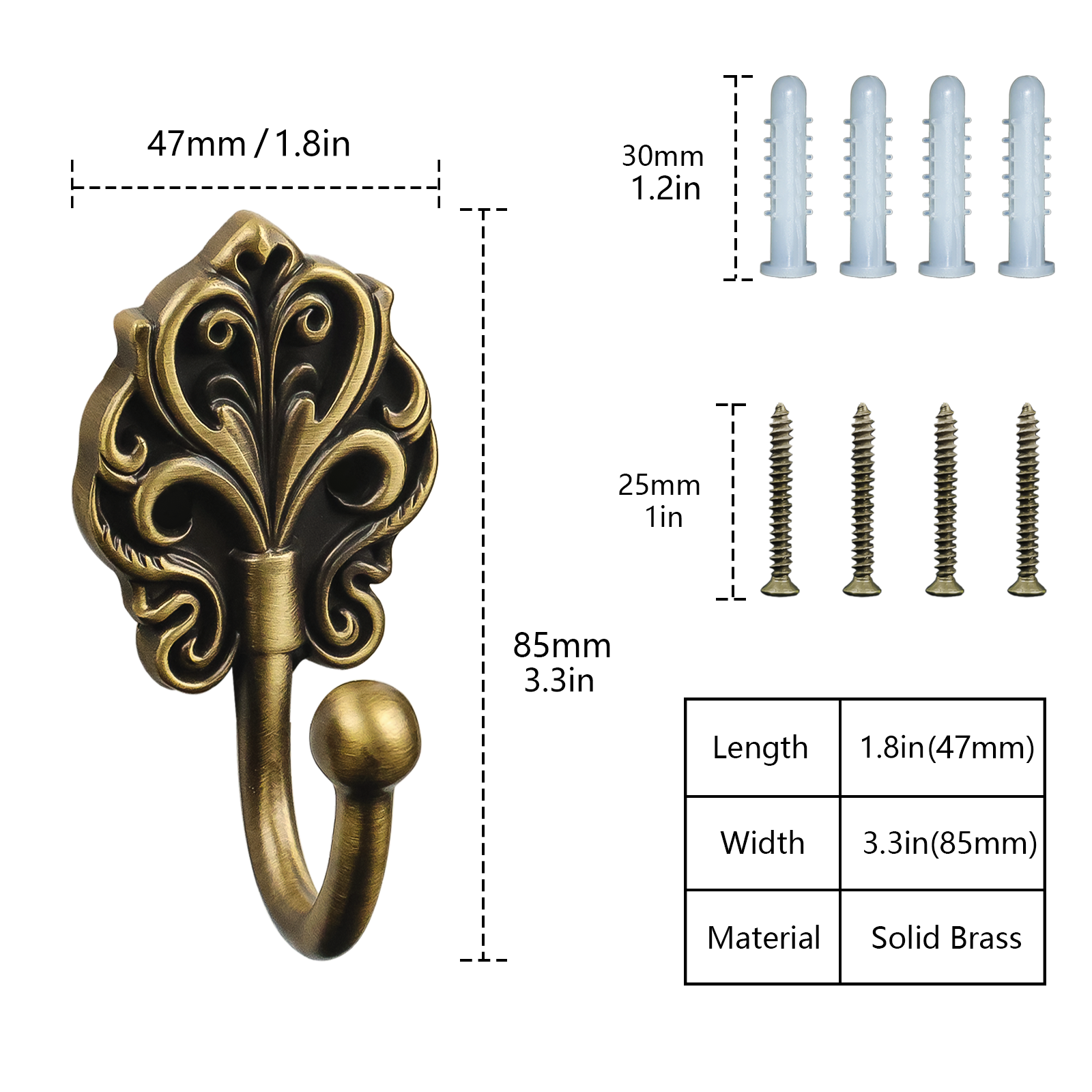 Solid Brass Wall Hooks 2 Pack – Heavy-Duty Decorative Coat Hooks with Antique Floral Design, Rustproof Hangers for Bathroom, Entryway, Bedroom, Closet