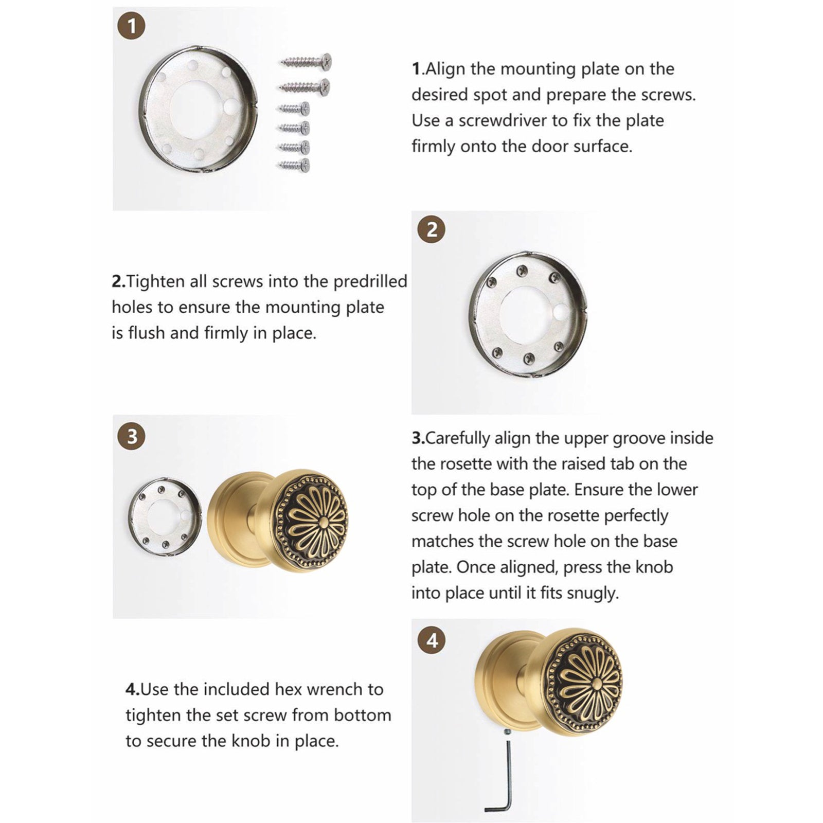 Brushed Brass Floral Dummy Door Knob Set | Brass-on-Black Decorative Handle for Closet & French Doors (2 Pack)
