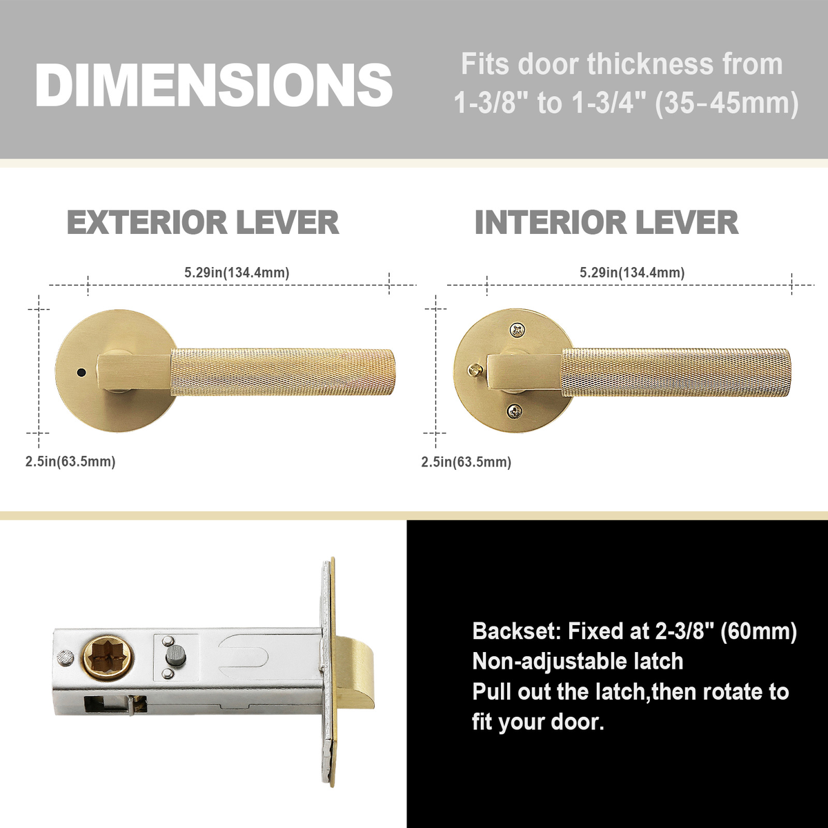 Dimension specs chart showing 5.29-inch lever, 2.5-inch round rosette, 2-3/8 inch fixed backset, and door thickness range