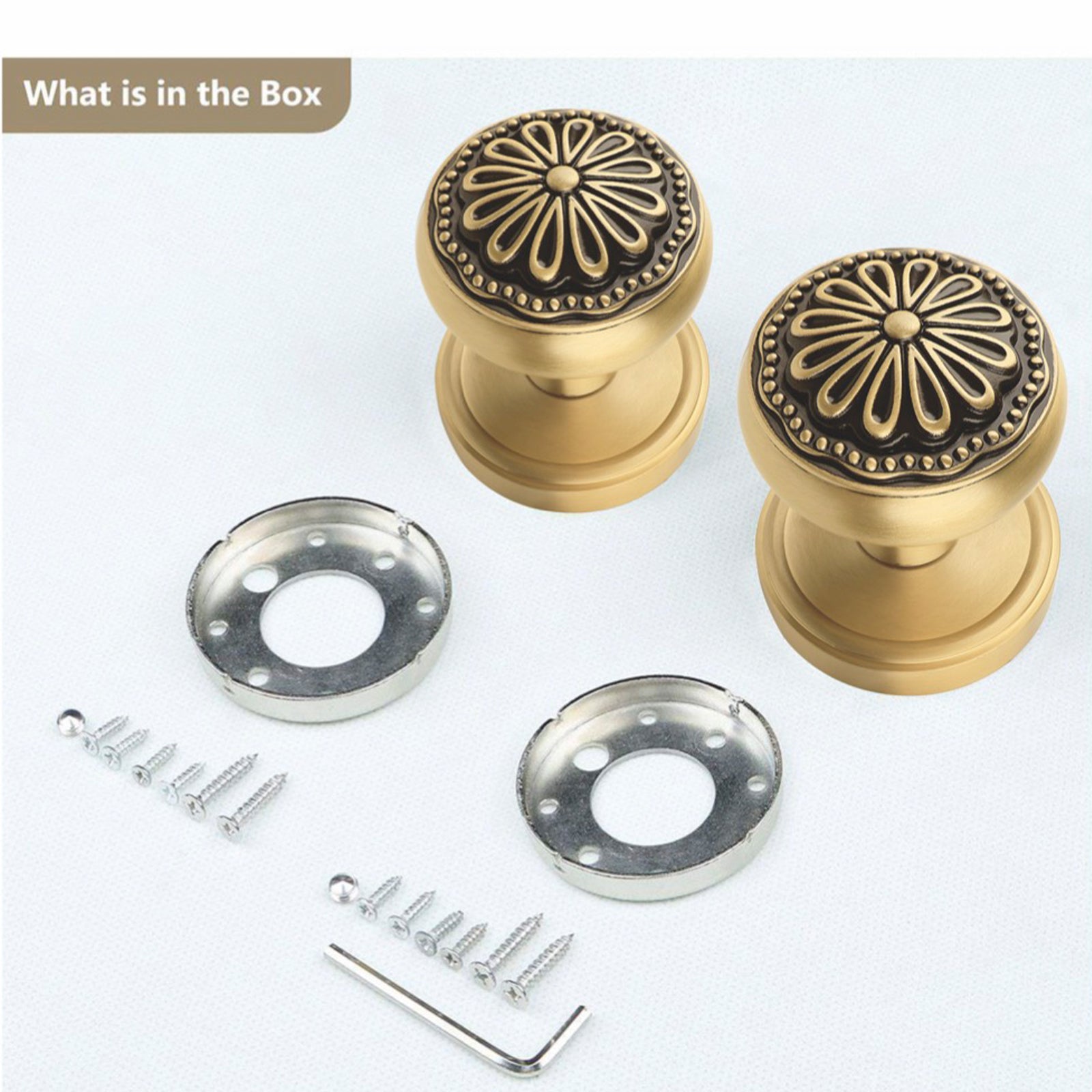Brushed Brass Floral Dummy Door Knob Set | Brass-on-Black Decorative Handle for Closet & French Doors (2 Pack)