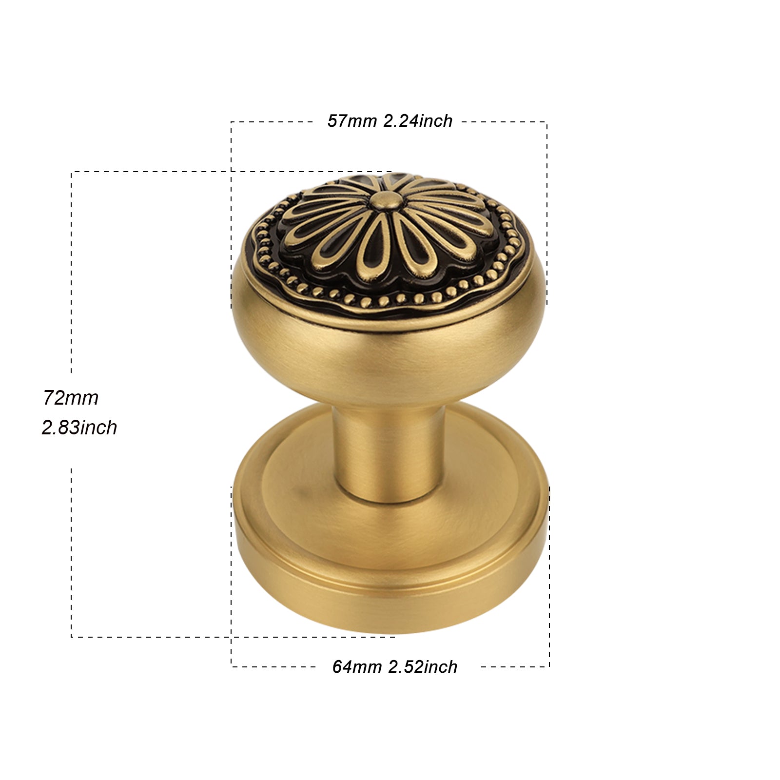 Brushed Brass Floral Dummy Door Knob Set | Brass-on-Black Decorative Handle for Closet & French Doors (2 Pack)