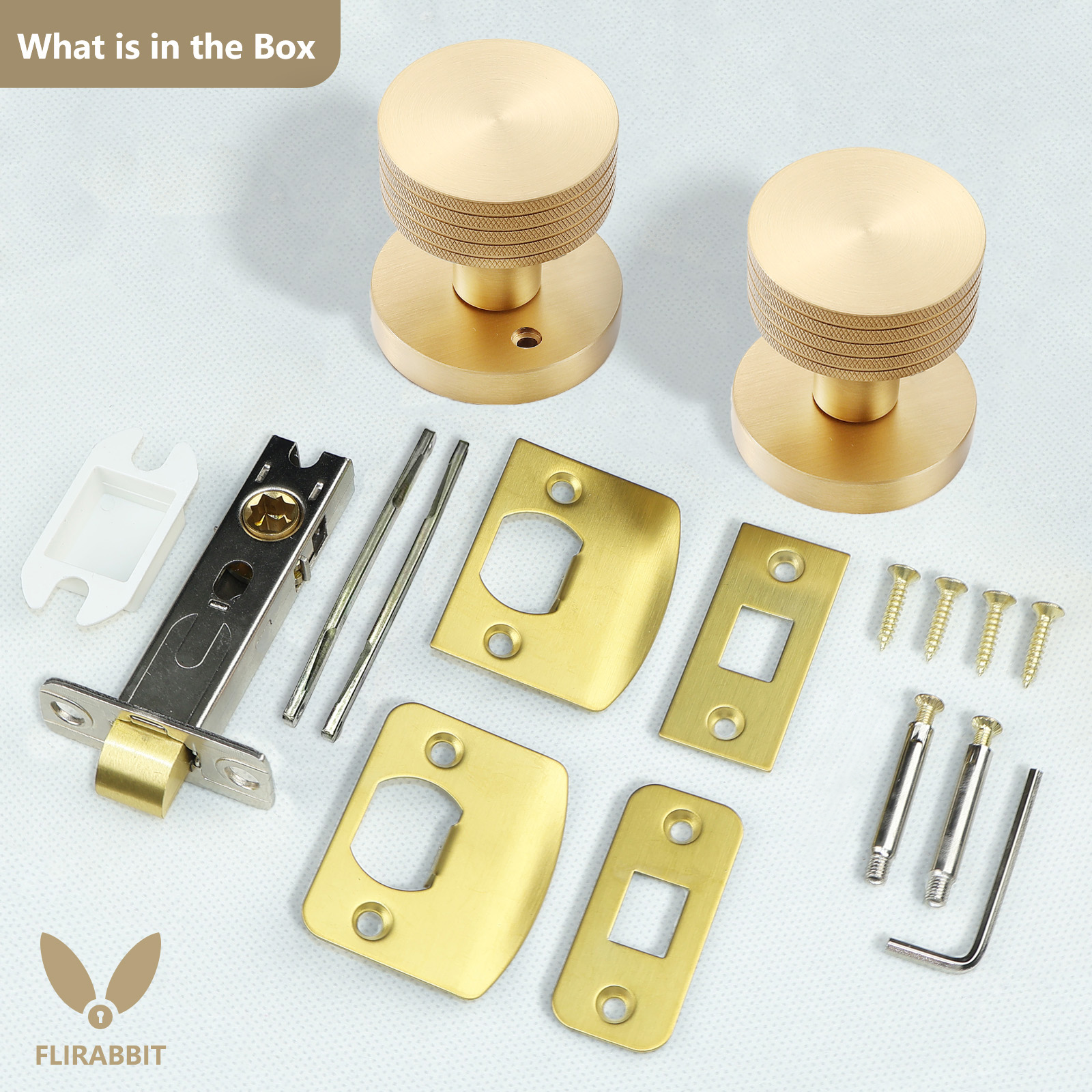 Complete hardware package contents for knurled brass passage door knob set including latch, spindle, and screws