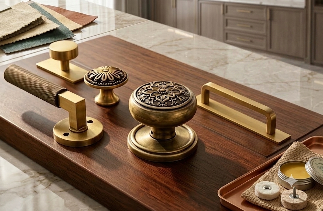Lacquered antique brass door hardware collection featuring floral knob, knurled lever handle, and cabinet pull