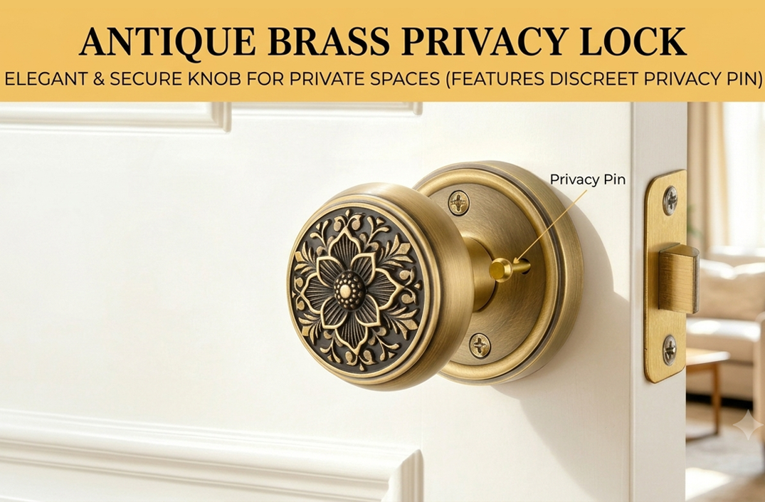 Antique brass floral door knob privacy lock featuring a discreet privacy pin installed on door