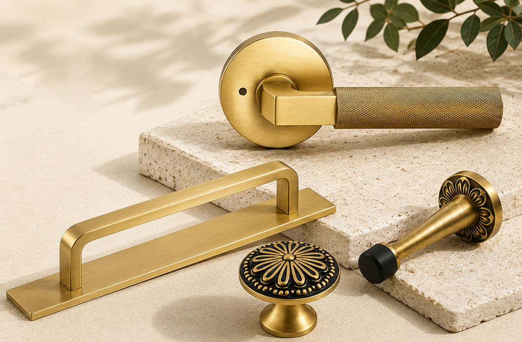 Solid brass door hardware collection featuring knurled lever handle, antique floral door knob, cabinet pull, and door stopper