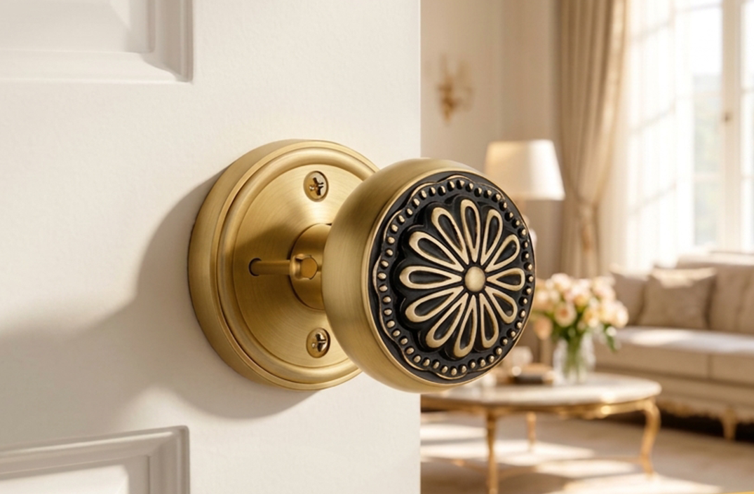 Detailed view of a decorative brass floral door knob on a white door.
