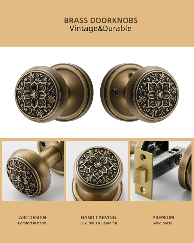 Antique Brass Door Knob with Intricate Floral Design – Privacy Handles Elegant and Durable for Interior Doors, Classic Vintage Look for Home or Office Decor (Antique Brass, Privacy-2.375 in)