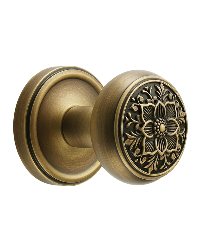 Antique Brass Door Knob with Intricate Floral Design – Privacy Handles Elegant and Durable for Interior Doors, Classic Vintage Look for Home or Office Decor (Antique Brass, Privacy-2.375 in)