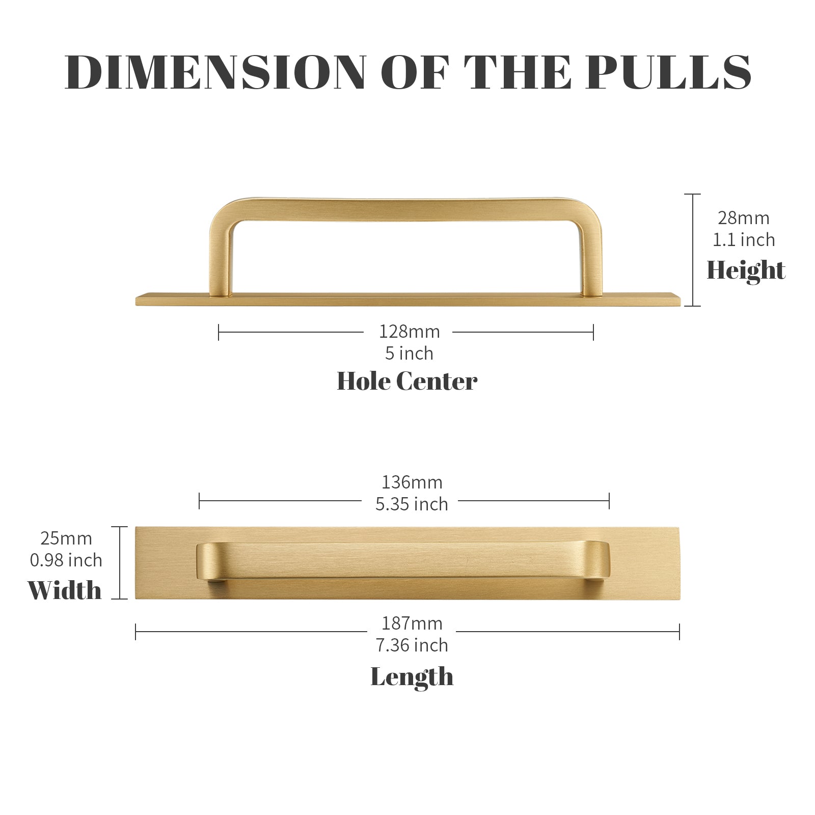 Solid brass cabinet handles with back panel, brushed gold modern drawer handles, suitable for cabinets, drawers and wardrobes (brushed gold, 5-inch (128 mm) hole spacing).
