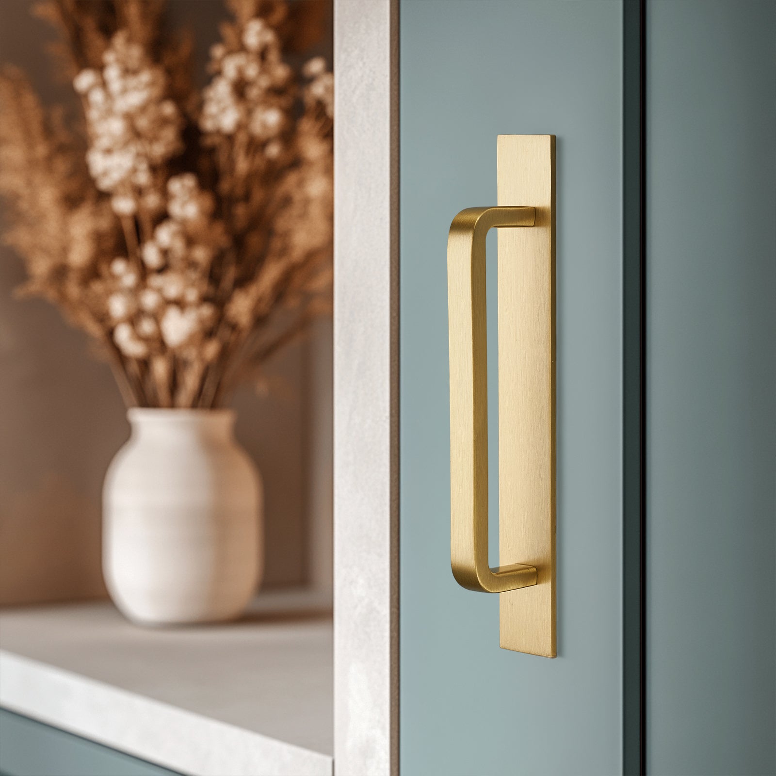 Solid brass cabinet handles with back panel, brushed gold modern drawer handles, suitable for cabinets, drawers and wardrobes (brushed gold, 5-inch (128 mm) hole spacing).