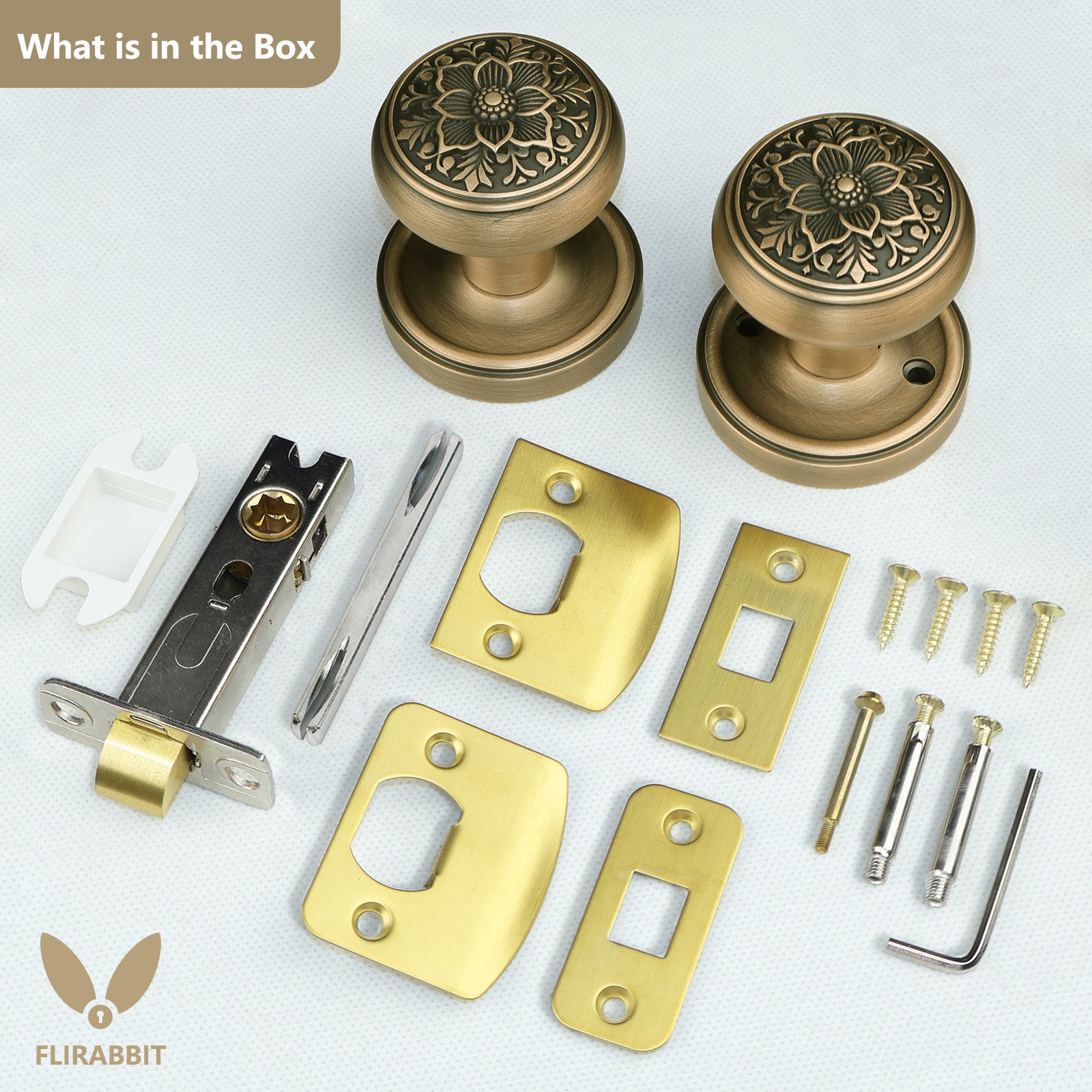 Complete hardware package contents for antique brass floral passage door knob set