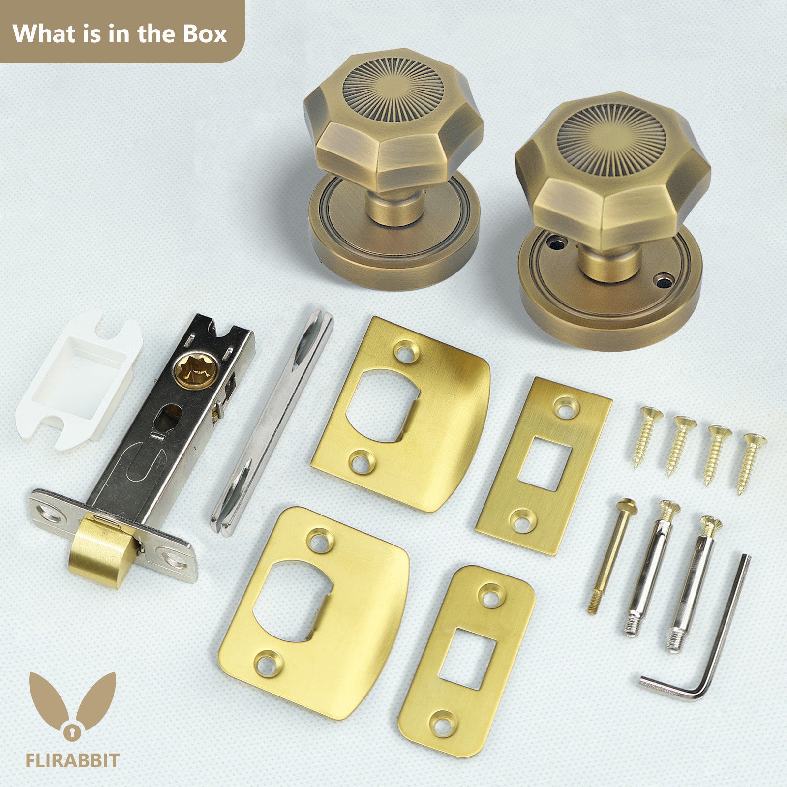 Package contents diagram showing antique brass passage door knobs, latch mechanism, strike plate, and mounting screws