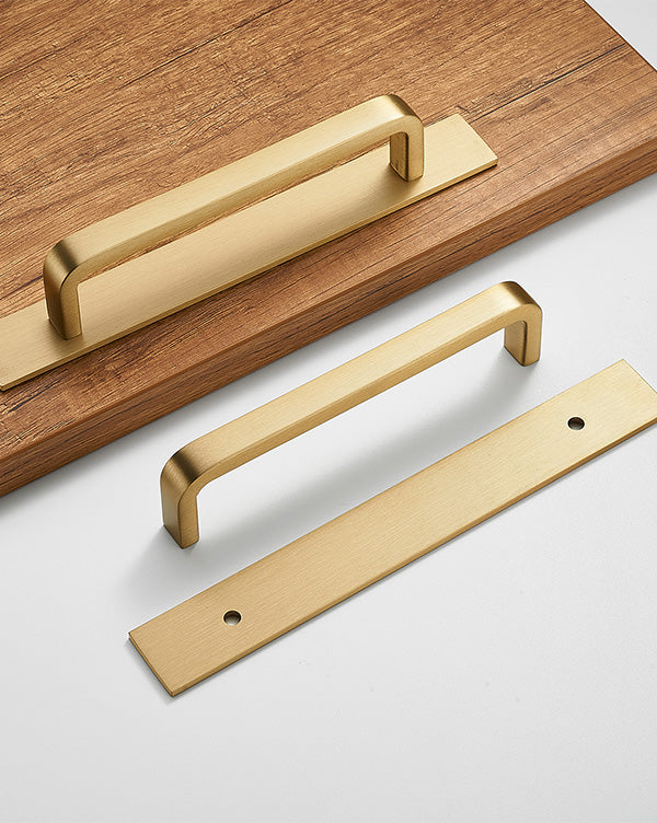 Solid brass cabinet handles with back panel, brushed gold modern drawer handles, suitable for cabinets, drawers and wardrobes (brushed gold, 5-inch (128 mm) hole spacing).