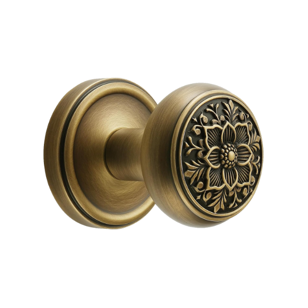 Antique Brass Floral Passage Door Knob | Brass Vintage Interior Handle for Hallway & Closet