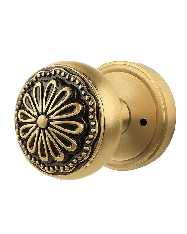Black and Brushed Brass Door Knobs – Privacy Interior Handle with Floral Medallion, Elegant Art Deco Style for Bedroom and Bathroom Doors (Black and Brushed Brass, Privacy-2.375)