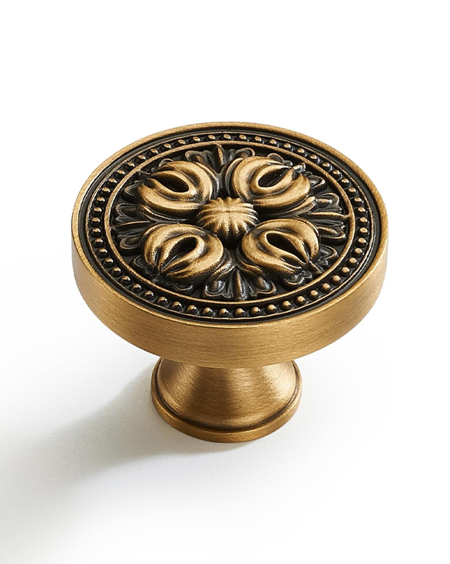 FLIRABBIT10 Pack Antique Brass Cabinet Knobs – Vintage Solid Brass Drawer Pulls with Floral Design, 1.25" Decorative Knobs for Kitchen Cabinets, Wardrobe, Sideboard, Dresser or Bathroom Vanity