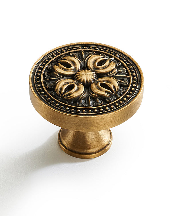 Antique Brass Cabinet Knobs – Vintage Solid Brass Drawer Pulls with Floral Design, 1.25" Decorative Knobs for Kitchen Cabinets, Wardrobe, Sideboard, Dresser or Bathroom Vanity