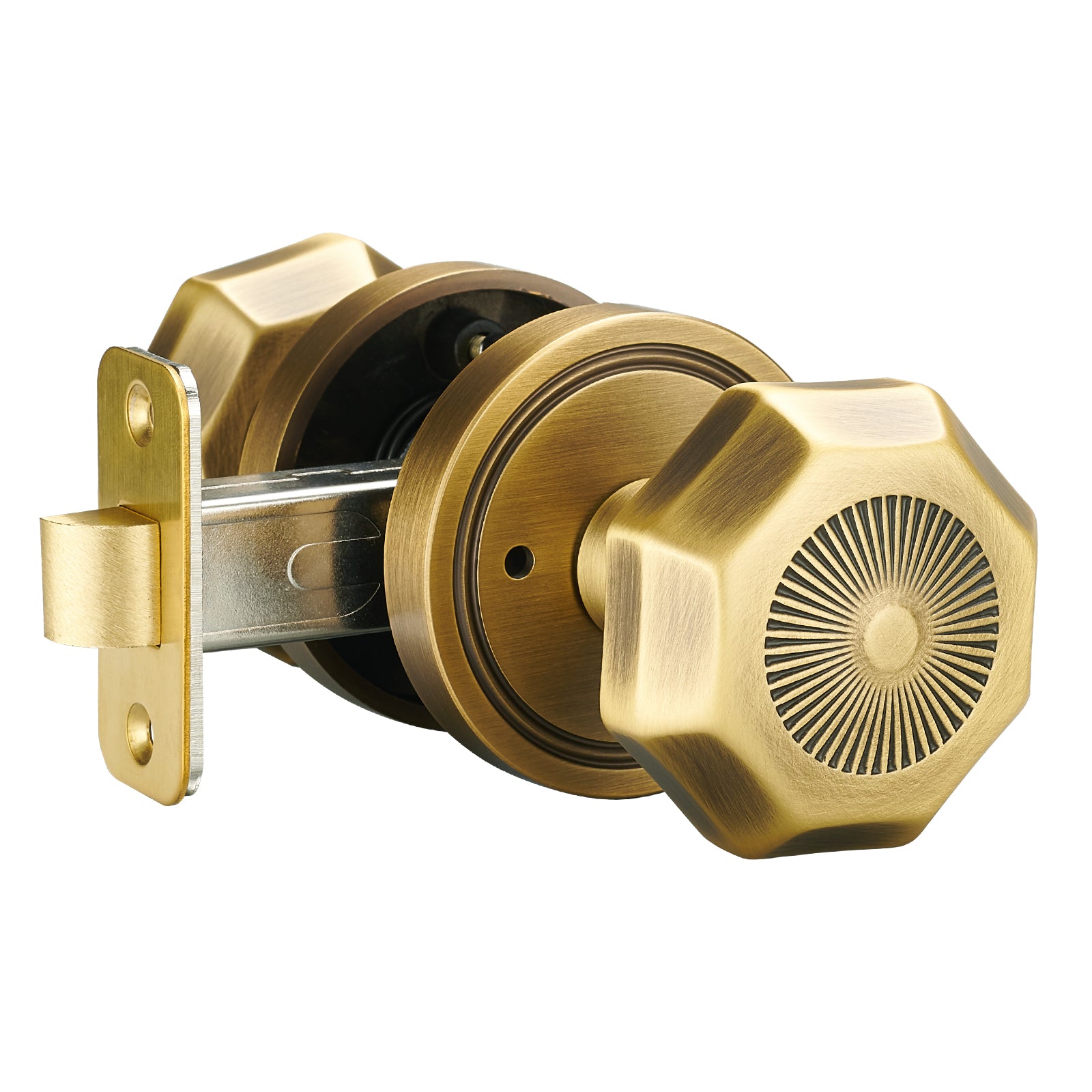 Sunburst Octagonal Antique Brass Privacy Door Knob | Art Deco Brass Handle for Bedroom & Bathroom