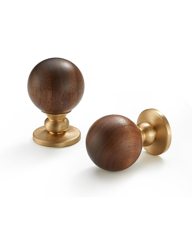 Wood and Brass Cabinet Knobs, 1-1/8inch Round Drawer Pull, Natural Wooden Handle for Furniture, Cabinets, and Drawers 2 Pack