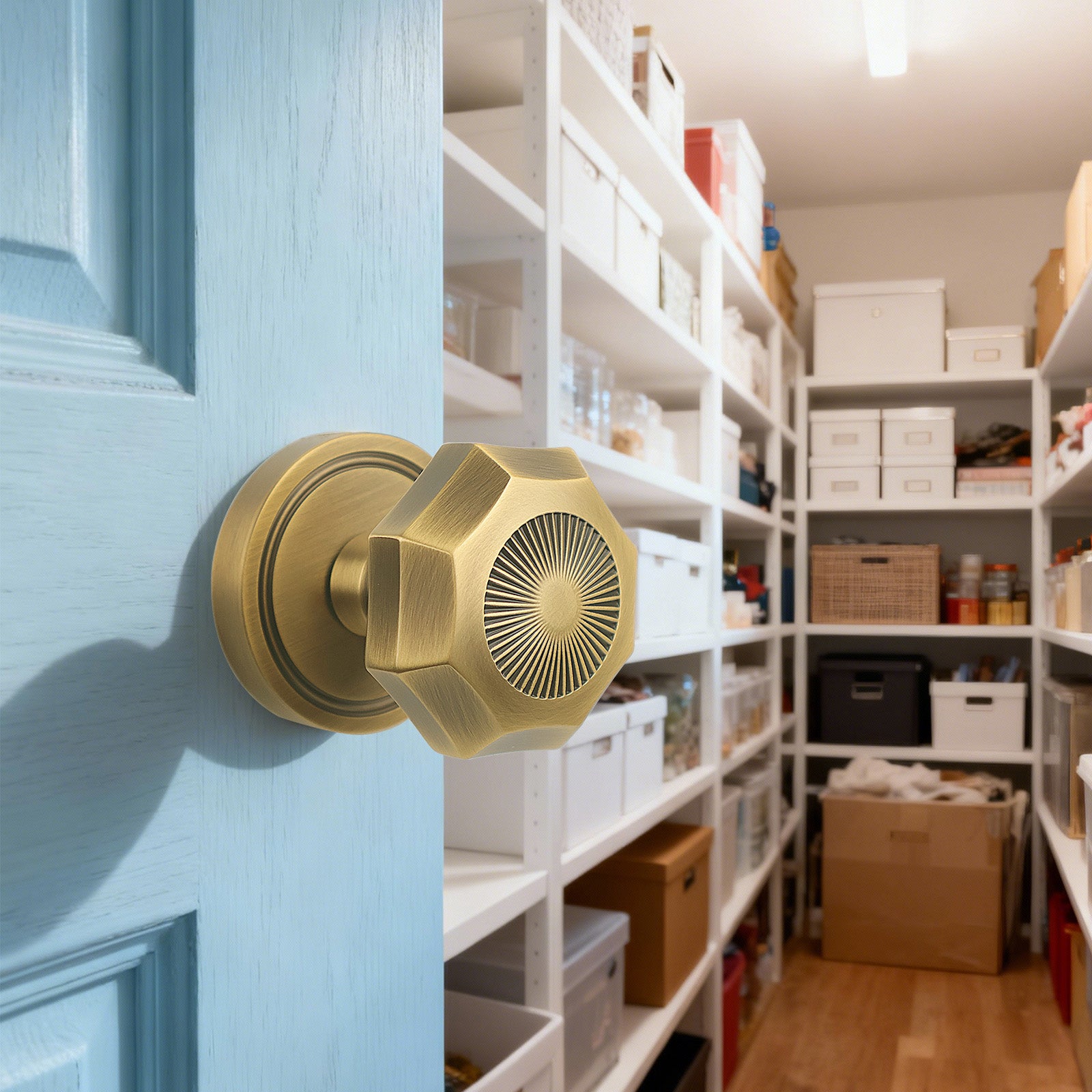 Sunburst Octagonal Antique Brass Dummy Door Knob Set | Art Deco Decorative Brass Handle for Closet & French Doors (2 Pack)