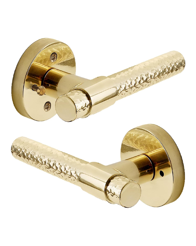 FLIRABBIT Vintage Hand-Hammered Brass Privacy Door Lever – Solid Brass with Polished Finish, Artisan Interior Lock Handle for Bedroom & Bathroom Doors