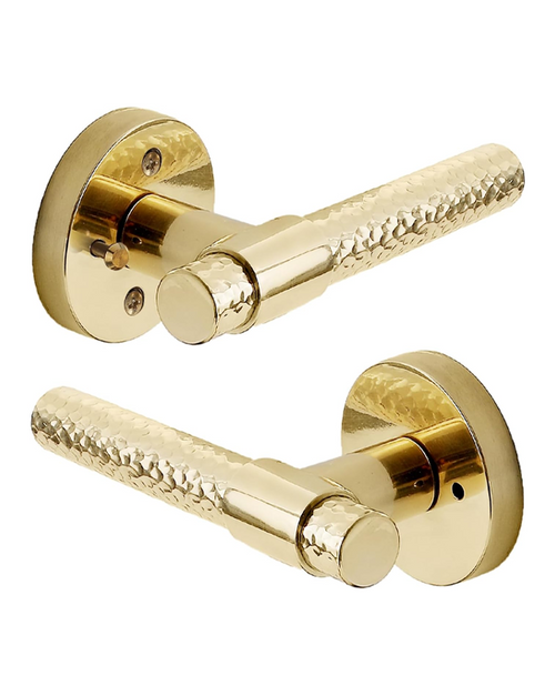 FLIRABBIT Vintage Hand-Hammered Brass Privacy Door Lever – Solid Brass with Polished Finish, Artisan Interior Lock Handle for Bedroom & Bathroom Doors