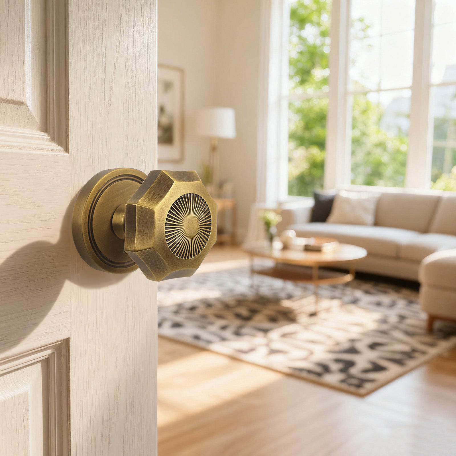 Sunburst Octagonal Antique Brass Passage Door Knob | Art Deco Brass Handle for Hallway & Closet