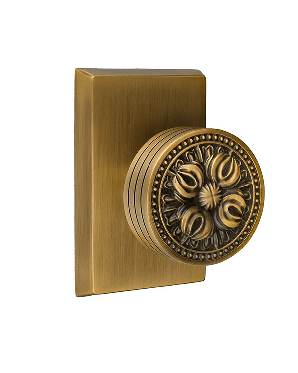 Antique Brass Floral Privacy Door Knob | Square Rosette Brass Handle for Bedroom & Bathroom