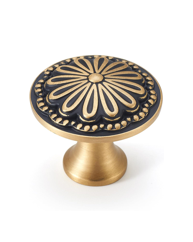 Black and Brushed-Gold Cabinet-Knobs - 2 Pack Flower Brass Drawer Pulls for Dresser Cabinet Hardware (2, Black)