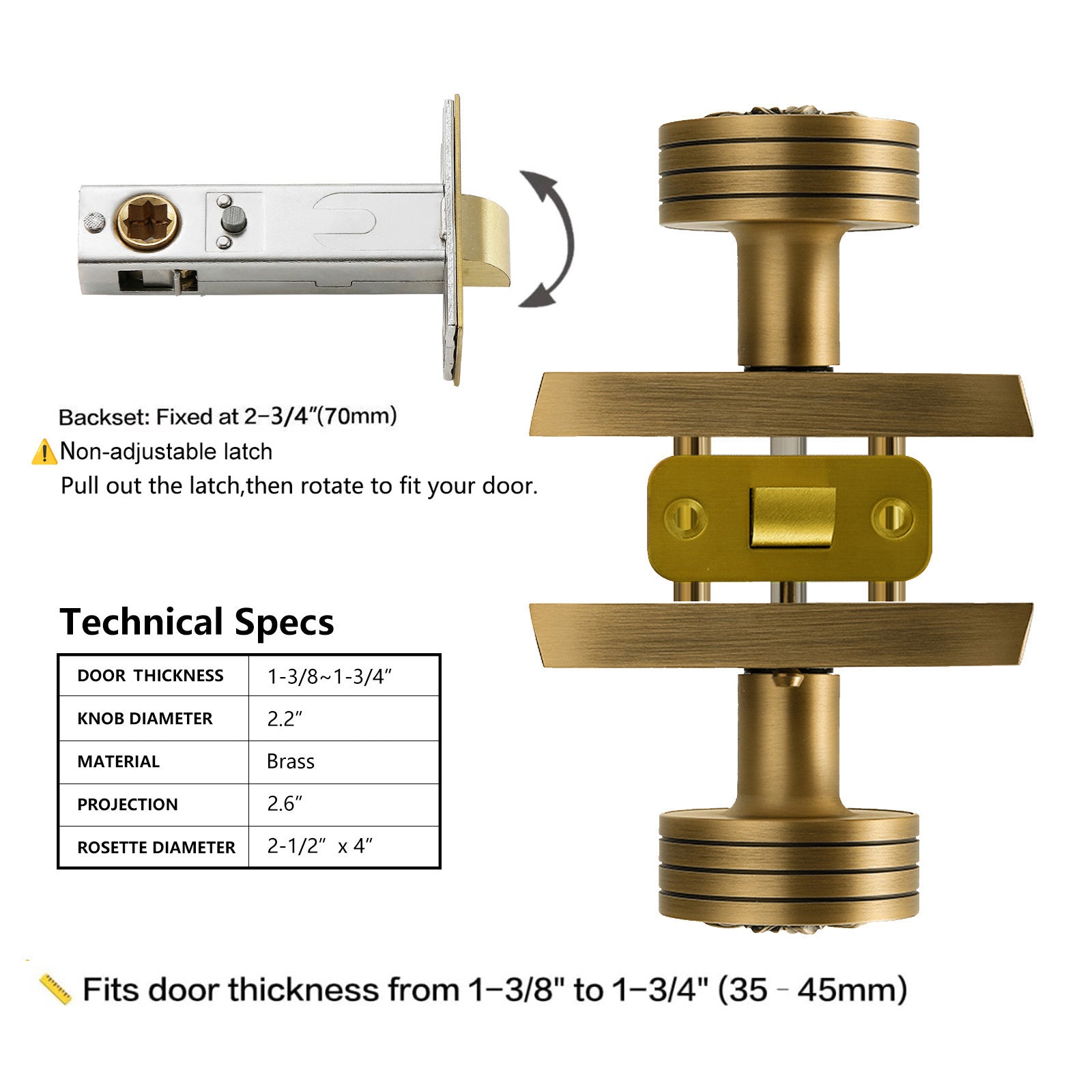 Technical specification diagram for antique brass floral privacy door knob showing dimensions and backset