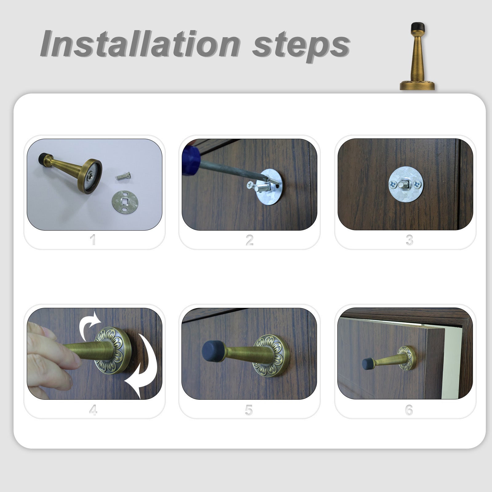 Decorative Antique Brass Door Stopper - Heavy Duty Rigid Door Stop with Rubber Bumper Tips for Wall Protection