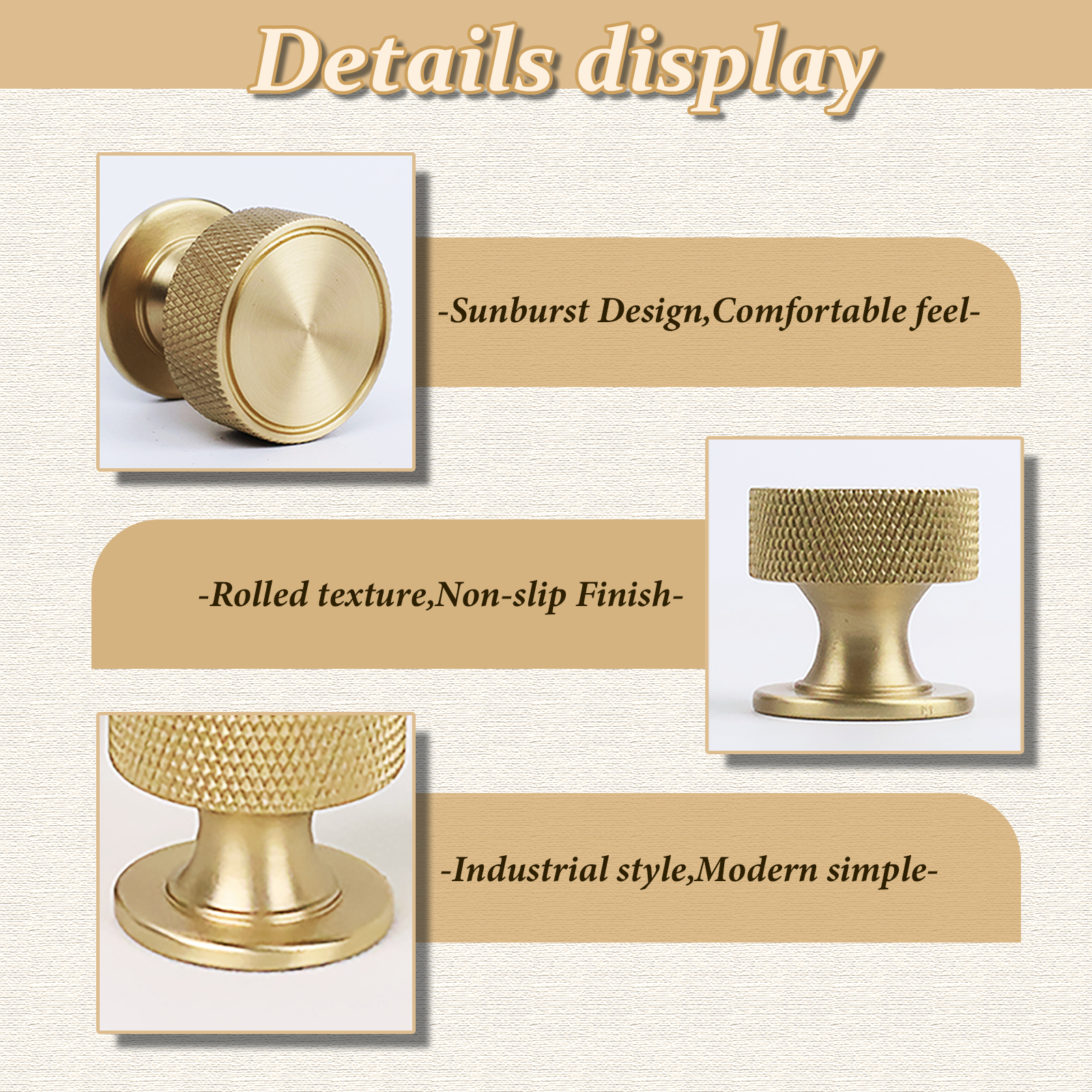 Knurled Grip Solid Brass Cabinet Knobs, Brushed Finish Round Cabinet Handle Pull for Drawer Kitchen Bathroom Dresser