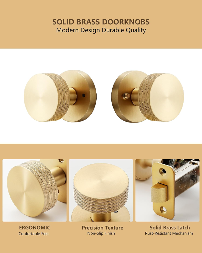 Knurled Brass Privacy Door Knob – Industrial Style Grip Handle, Solid Brass Build, Brushed Finish – 60mm Latch for Bedroom & Bathroom (Brushed Brass, Privacy-2.375 in)