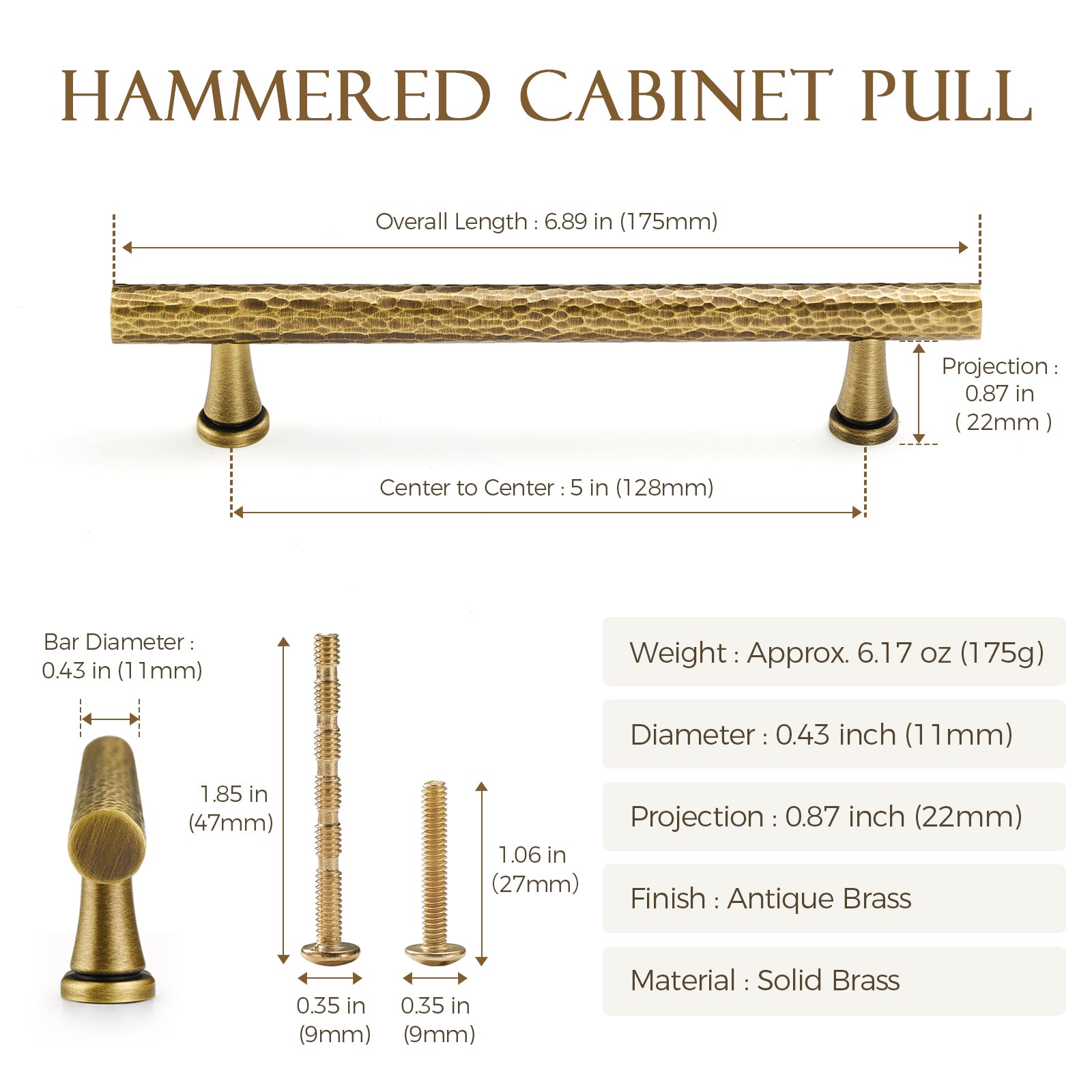 Flirabbit 5" Hand-Hammered Antique Brass Cabinet Pull