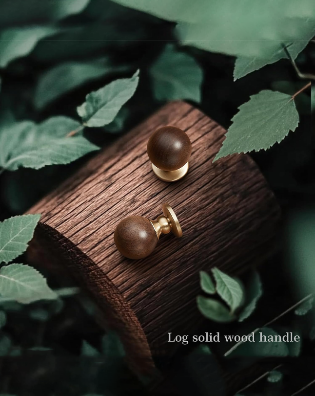 Wood and Brass Cabinet Knobs, 1-1/8inch Round Drawer Pull, Natural Wooden Handle for Furniture, Cabinets, and Drawers 2 Pack