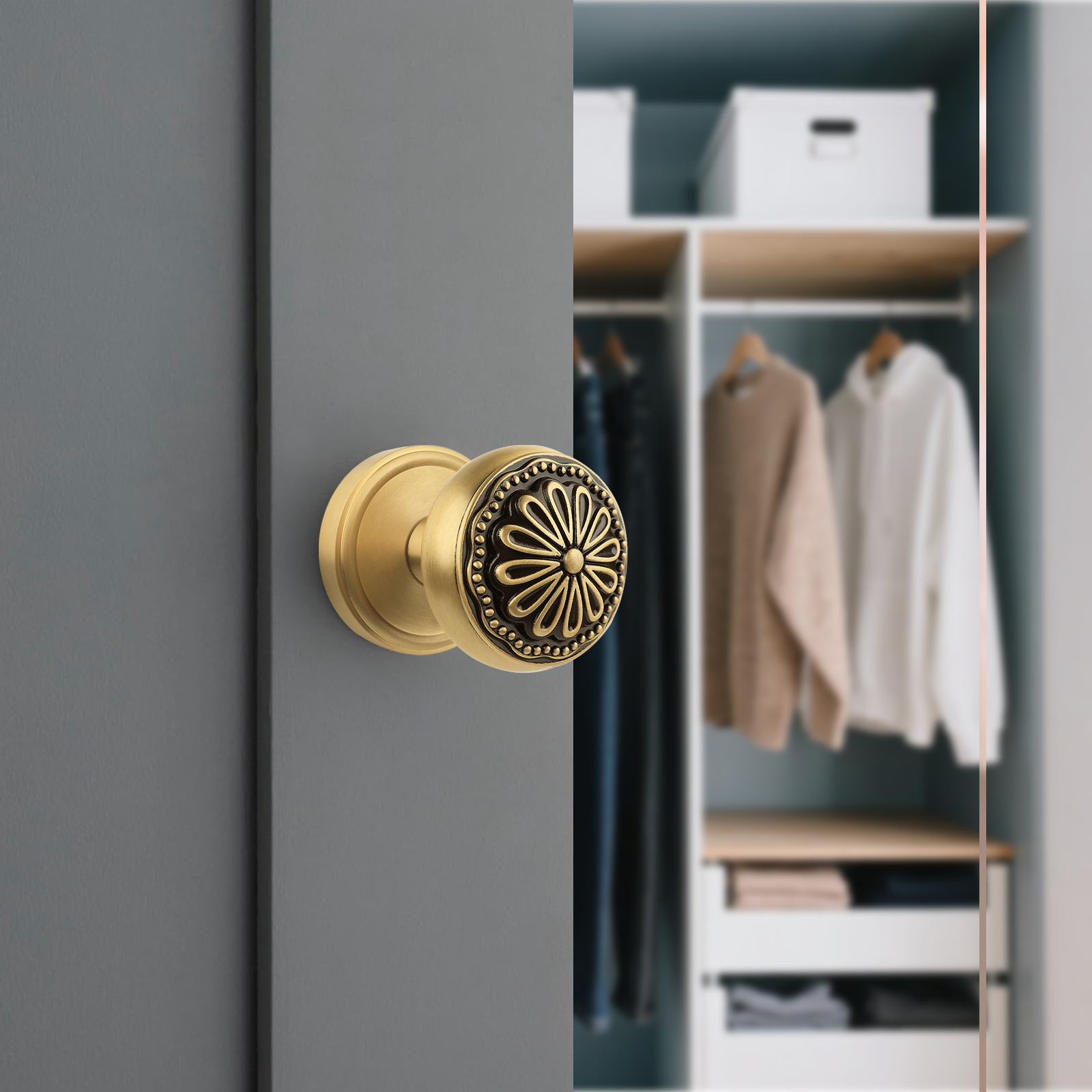 Black and Brushed Brass Dummy Door Knob – Non-Turning Interior Handle with Floral Medallion, Elegant Art Deco Style for Closet, Cabinet, Pantry, Hallway Doors (Dummy)