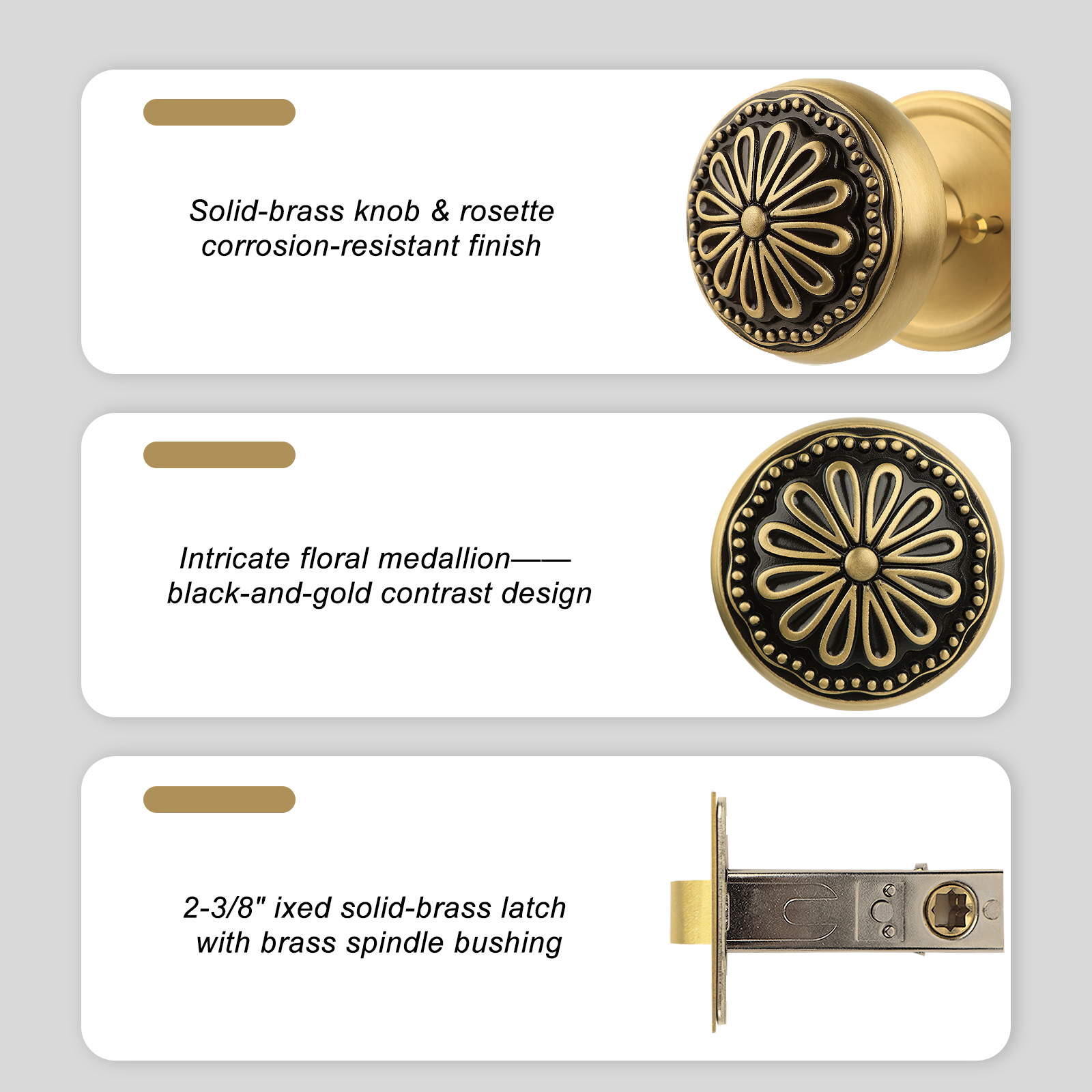Black and Brushed Brass Door Knobs – Privacy Interior Handle with Floral Medallion, Elegant Art Deco Style for Bedroom and Bathroom Doors (Black and Brushed Brass, Privacy-2.375)