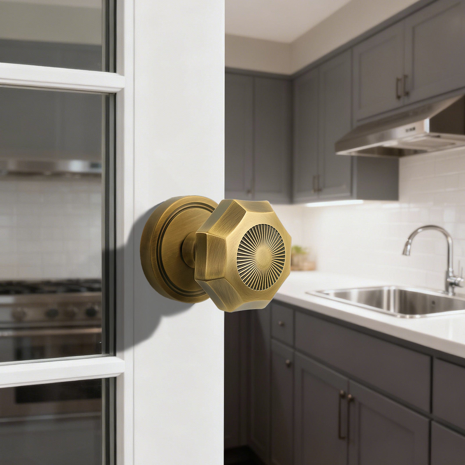 Sunburst Octagonal Antique Brass Dummy Door Knob Set | Art Deco Decorative Brass Handle for Closet & French Doors (2 Pack)
