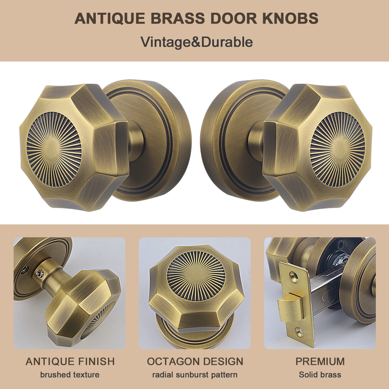 Product feature infographic highlighting solid brass construction, antique finish, and radial sunburst pattern